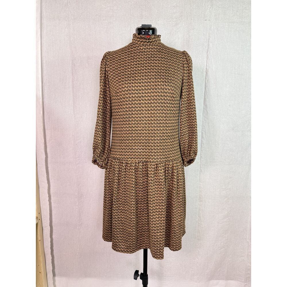 52 Seven Brown Geometric Hacci Sweater Dress Women's Sz S Drop Waist Midi D208
